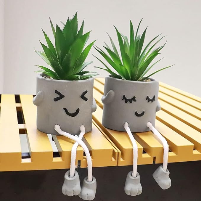MAKHOT 4 Pcs Creative Artificial Succulent Plants with Cement Pot, Fake Small Plant for Desk Faux Succulents for Bathroom Decor, Mini Plants Succulent Cute Hanging Leg Potted for Office Shelf Decor