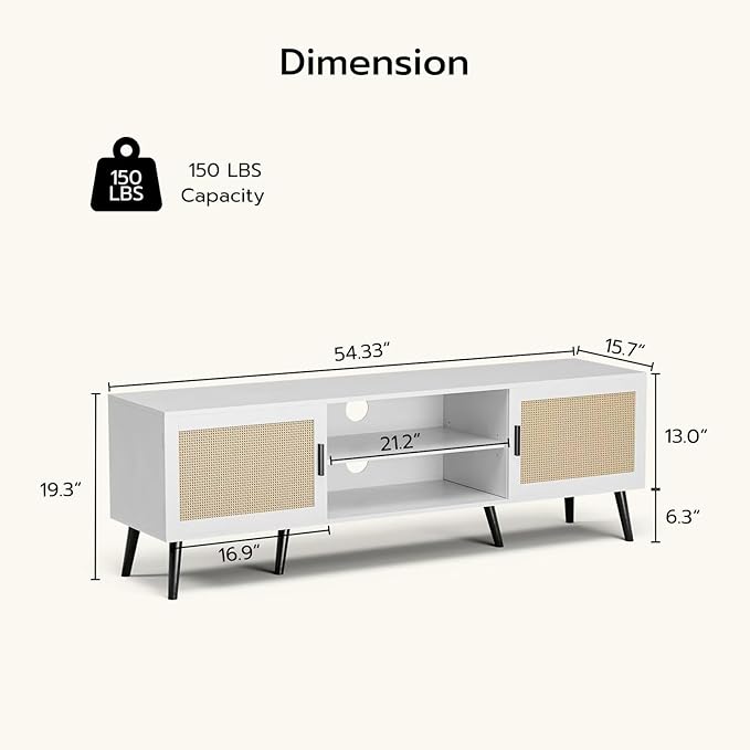 TV Stand for TVs up to 65'', Mid Century Modern Entertainment Center with Rattan Door, Shelves & 2 Cabinets, Boho Media TV Console for Living Room, Bedroom, White