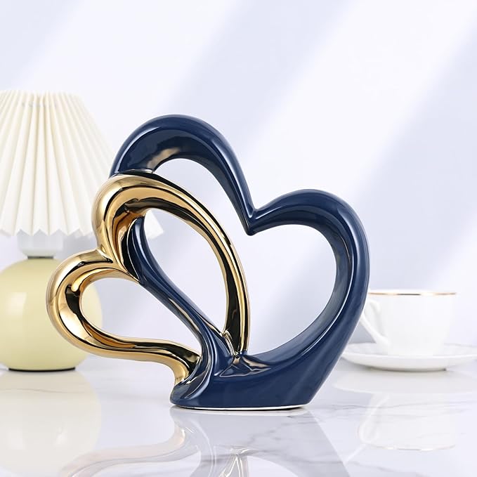 Ceramic Heart Decor Love Statue, Navy Blue Gold Double Hearts Sculptures for Home Table Centerpiece Decor, Valentine, Wedding, Decorative Items for Shelves, Coffee Table Decor (Double Heart)