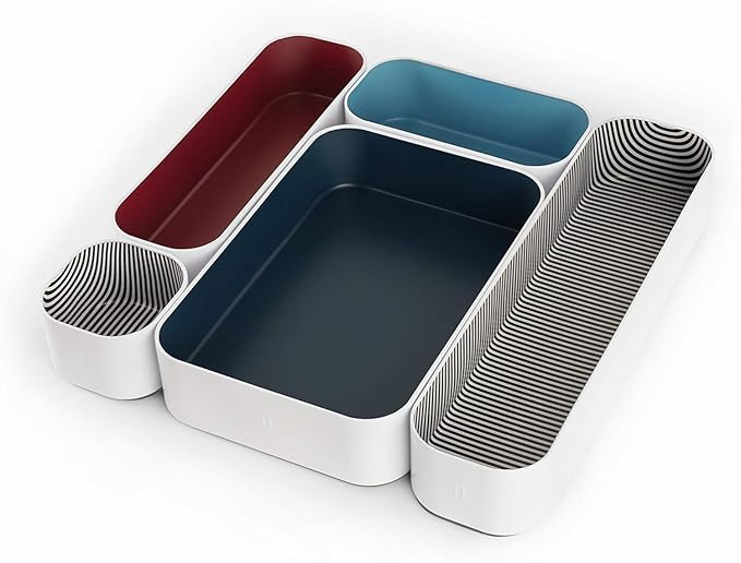 Three by Three Seattle 5 Piece Metal Organizer Tray Set for Storing Makeup, Stationery, Utensils, and More in Office Desk, Kitchen and Bathroom Drawers (2 Inch, Blue Berry and Stripes)