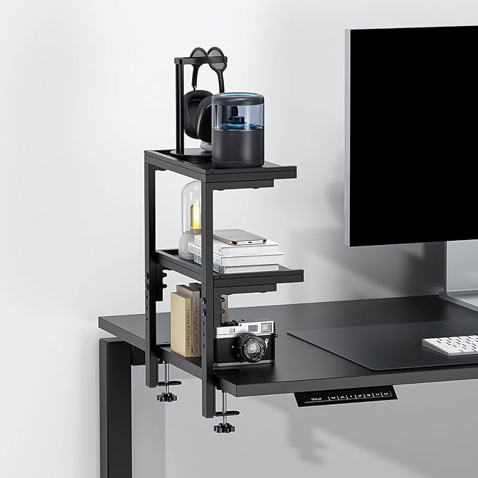 2-Tier Desk Shelf, Expandable Under Desk Storage, Clamp on Desk Shelf, Desktop Accessories for Offices, Study Rooms, and Game Rooms (Black)