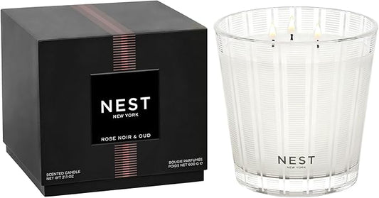 NEST New York Scented 3-Wick Candle, Rose Noir & Oud - 21.2 oz - Up to 100-Hour Burn Time - Reusable Glass Vessel