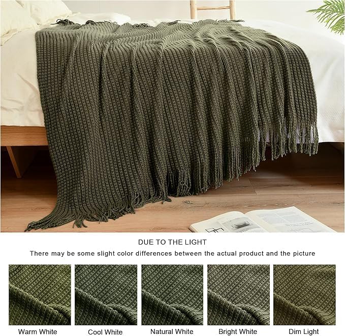 Blagic Knitted Throw Blanket for Couch Soft Farmhouse Boho Throw Blanket with Tassels Home Decorative Lightweight Throw Blankets,Dark Green Throws for Bed/Chair/Sofa, Wheat Textured, 50" W x 60" L