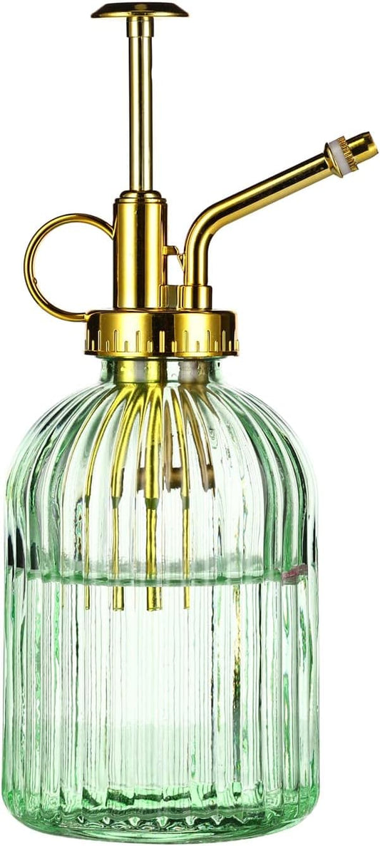 Glass Plant Mister Spray Bottle, 7.5" Green Glass Water Spray Bottle with Gold Top Pump Small Watering Can, Small Plant Sprayer Mister for Indoor Outdoor House,(Green+Gold E)