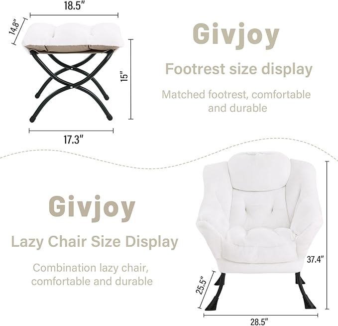 Cozy Lazy Chair and Ottoman, Large Contemporary Accent Lounge Chair Set, Leisure Upholstered Reading Armchair for Bedroom, Living Room, Dorm Rooms, Office