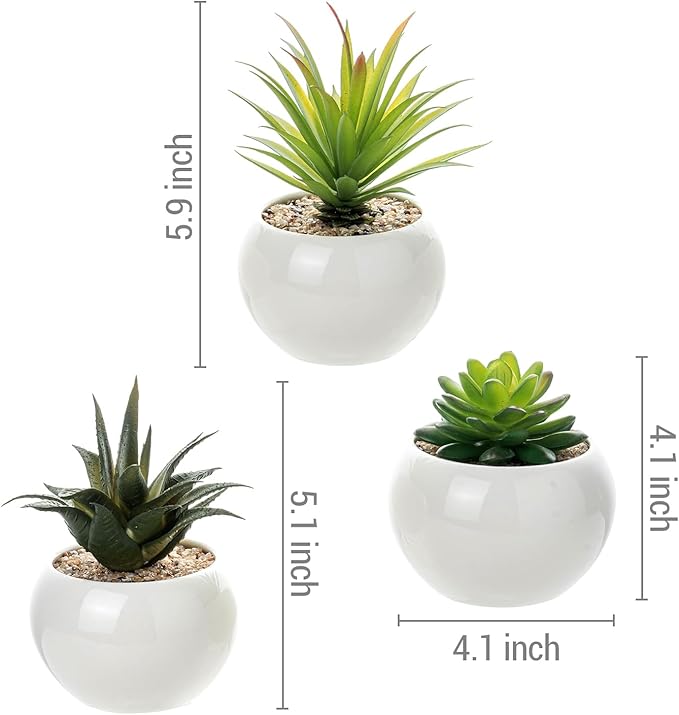 MyGift Mini Assorted Artificial Succulents in Round White Ceramic Pots, Mixed Realistic Indoor House Plants, Set of 3