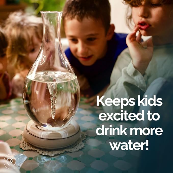 MAYU Swirl Structured Water Carafe - Innovative Vortex Technology Handblown Pitcher. Post Reverse Osmosis Filter Aerating Water Dispenser Stand 1.5 Liter| 51Oz Dining Glass Jug Design (Graystone Base)