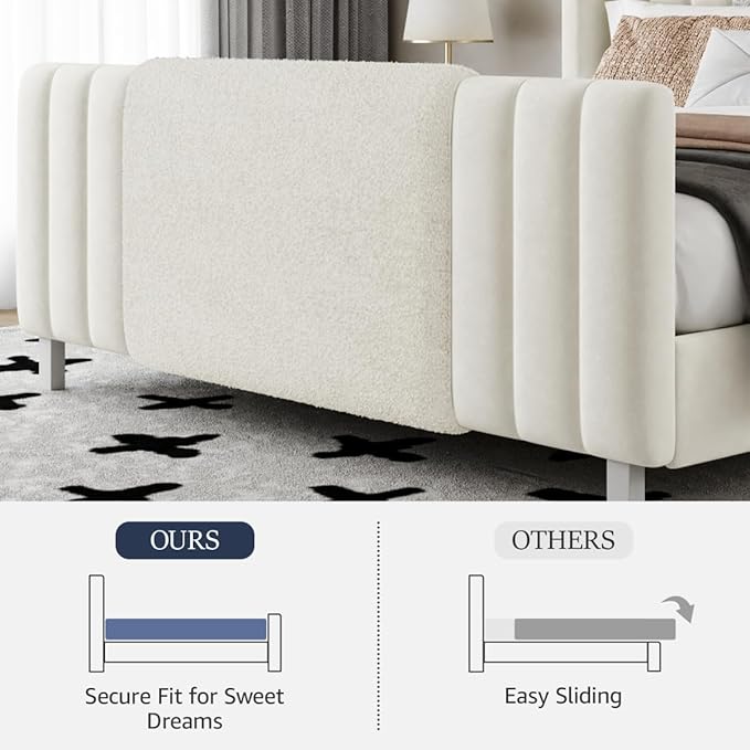 Queen Size Bed Frame with Tall Headboard and Footboard, Boucle and Velvet Upholstered Bed Frame Queen with LED Lights, Modern Platform Bed Frames, Noiseless, Easy Assembly, White