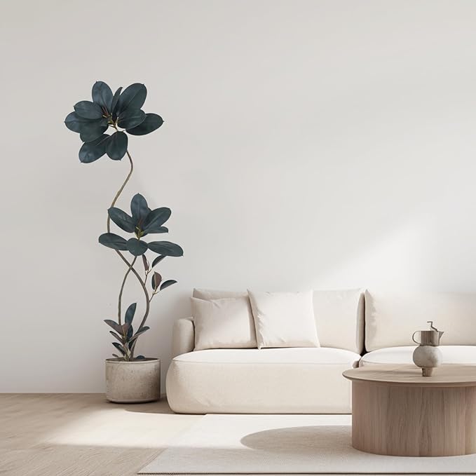 Artificial Rubber Tree Plant, 72 Inch Indoor Tree, Green with Round Planter, All Season Home Decor (Black, 6ft)