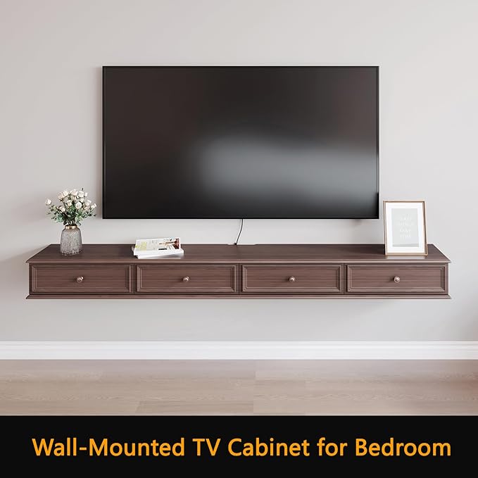 86-inch Wall-Mounted TV Stand, Accommodates 50- to 75-inch TVs, Features Hidden Cable Management, high Weight Capacity, and Space-Saving Walnut Floating TV Stand