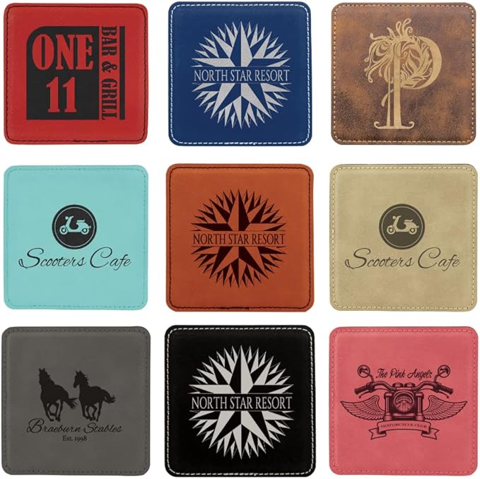 Custom Engraved Coasters | Personalized Leather Coaster | Set of 6 | Drink Coasters with Holder | Laser Engraved | Tabletop Protection | Gift for Couples (Square 4" x 4", Light Brown w/Black)