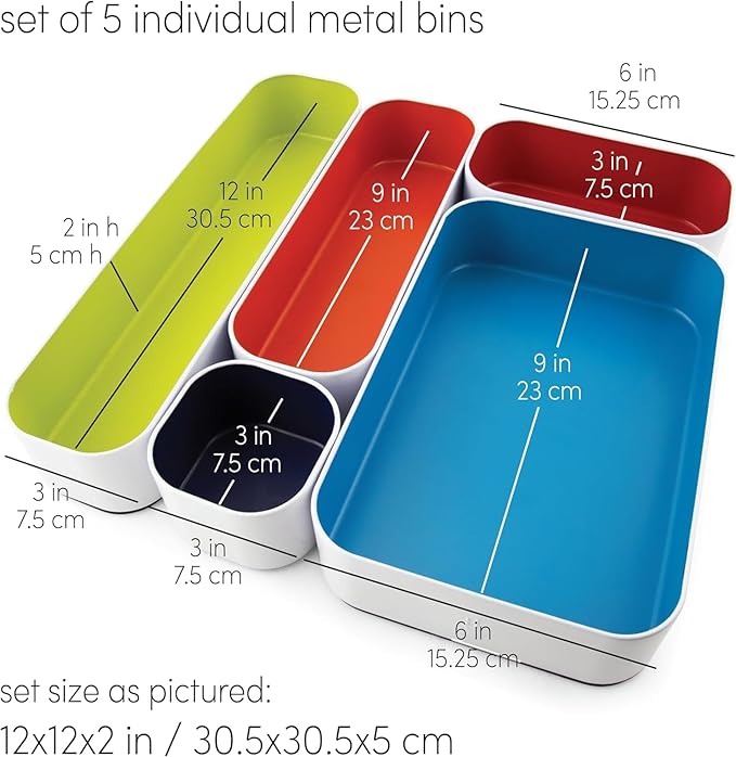 Three by Three Seattle 5 Piece Metal Organizer Tray Set for Storing Makeup, Stationery, Utensils, and More in Office Desk, Kitchen and Bathroom Drawers (2 Inch, Assorted Colors)