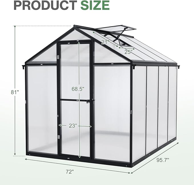 Aoodor 6 x 8 Ft Walk-in Greenhouse with Gutter, Polycarbonate and Heavy-Duty Aluminum Frame, Adjustment Skylight and Lockable 2-Sided Door for Patio, Outdoor, Yard, Lawn Use, Black