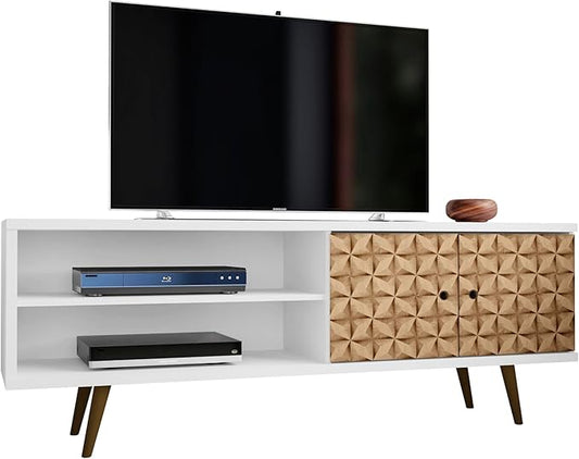 Manhattan Comfort Liberty Mid Century Modern TV Stand for Televisions up to 60 Inches, Bedroom and Living Room Entertainment Center with Storage, Shelves, and Cabinet, 63" Wide, White/3d Print