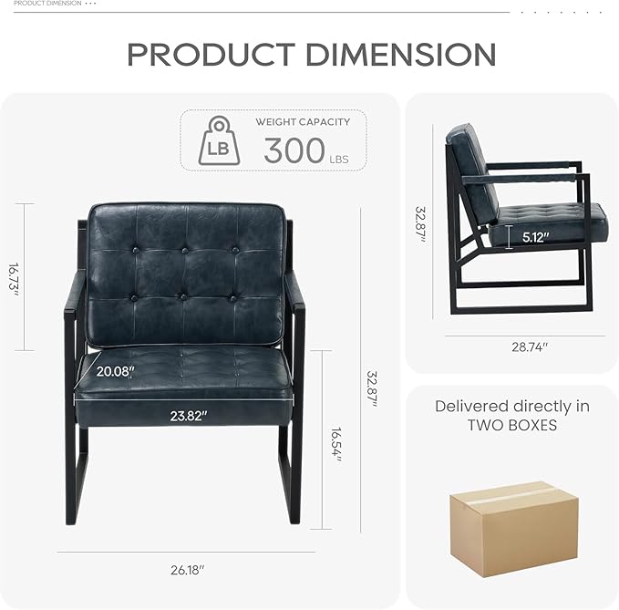 COLAMY Accent Chairs Set of 2, Modern Accent Arm Chairs for Living Room, Comfy Leather Armchairs with Metal Legs for Bedroom Reception Room, Blue