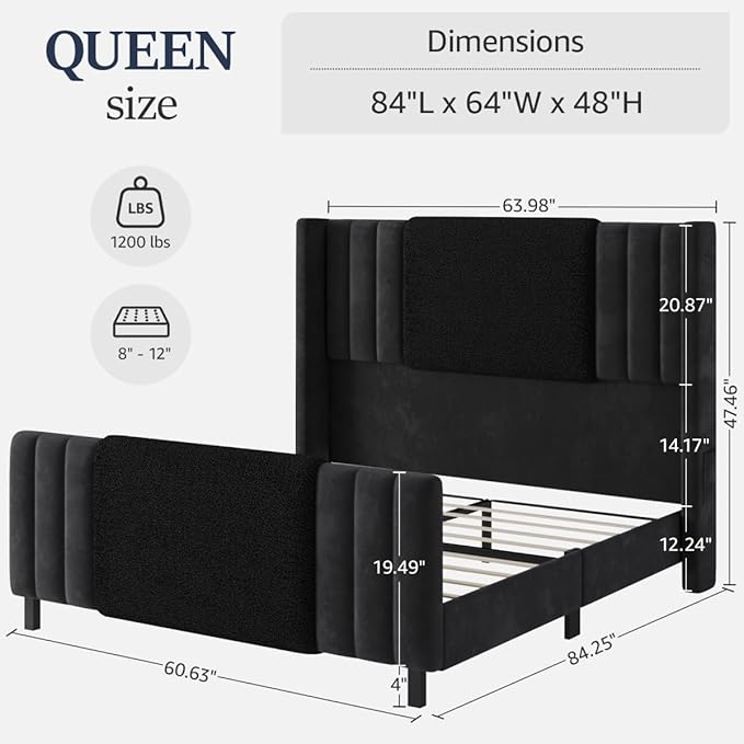 Queen Size Bed Frame with Tall Headboard and Footboard, Boucle and Velvet Upholstered Bed Frame Queen with LED Lights, Modern Platform Bed Frames, Noiseless, Easy Assembly, Black