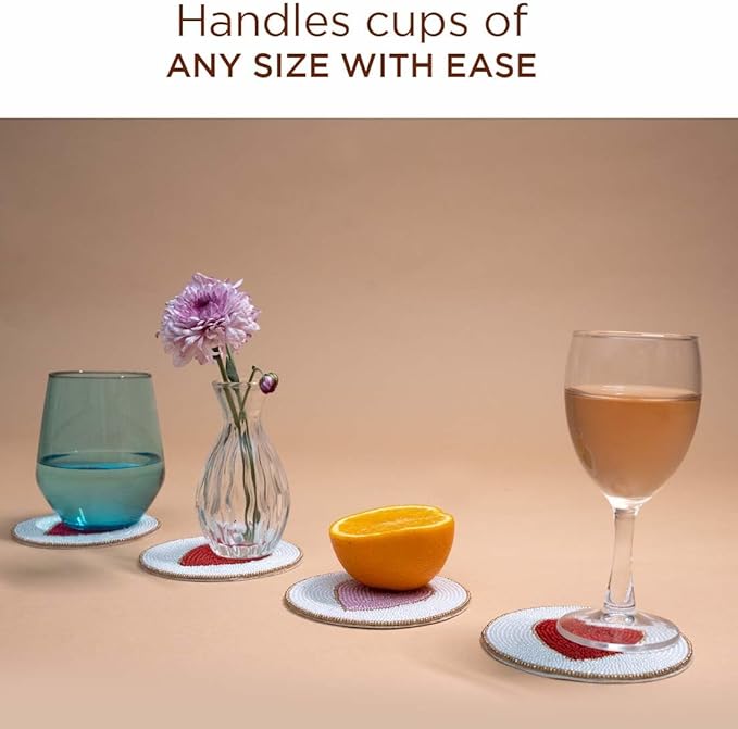 Folkulture Beaded Coasters for Drinks | Set of 4 (4") Round Decorative Bar Coasters for Table Décorations | Modern Coaster for Coffee Table for Her or Housewarming Gift