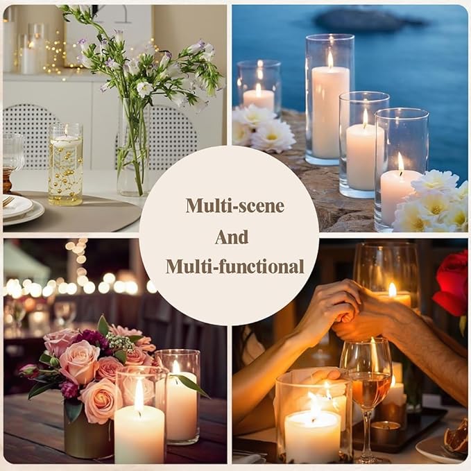 Set of 3 White Pillar Candles and Glass Candle Holders, Clear Cylinder Vases Pillar Candle Holders for Pillar Candles, Hurricane Candle Set for Party, Table, Home Decor, Wedding Centerpieces