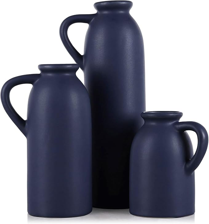 Blue Ceramic Vase with Handles Set - 3 Matte Blue Jug Vases, Farmhouse Country Flower Vase Home Decor, Living Room Decoration, Table Decoration, Fireplace Decor, and Entrance Decorations Centerpieces
