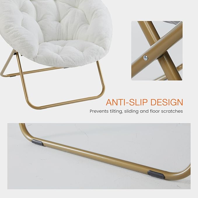 NEWBULIG Comfy Saucer Chairs Soft Lounge Cute Folding Bedroom Living Room Seat Flexible Reading Foldable Seating for Adults Thick Padded Metal Frame Modern for Home Office White
