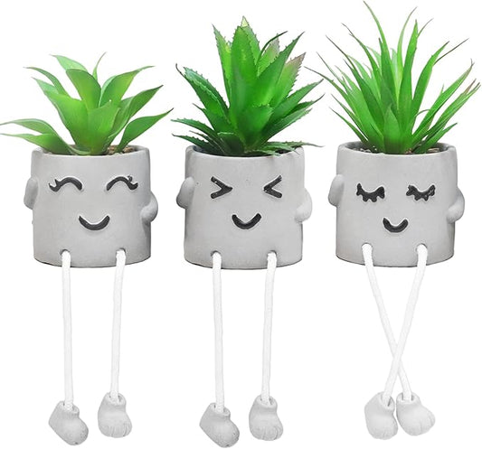 Set of 3 Artificial Succulent Plants, Fake Plant Office Decor with Gray Flower Pots, Small Faux Plants Indoor Mini Potted Succulents for Desk Shelf Bathroom Home Decor