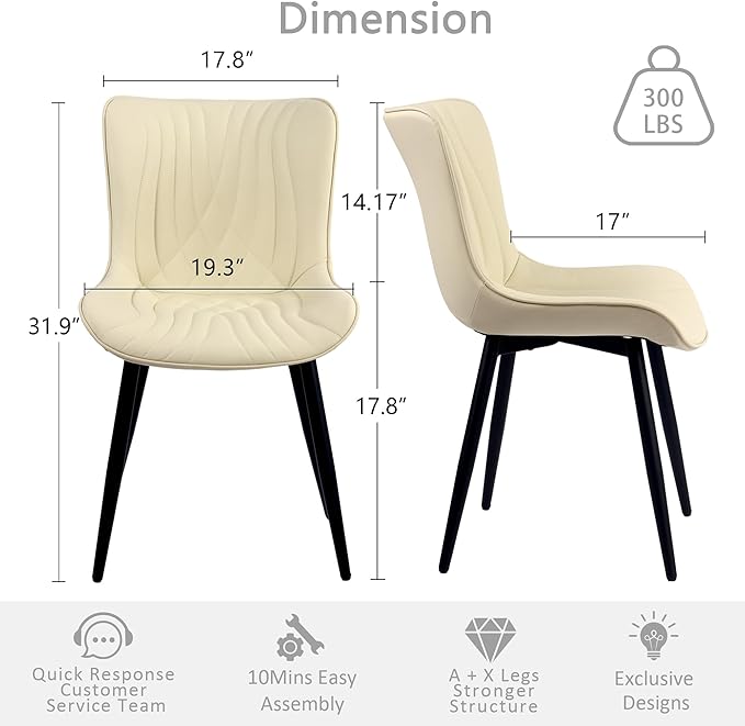 Kidol & Shellder Beige Dining Chairs Set of 2,Faux Leather Upholstered Mid Century Modern Kitchen&Dining Room Chair with Back,Ergonomic Armless Vanity&Living Room Chair with Metal Legs
