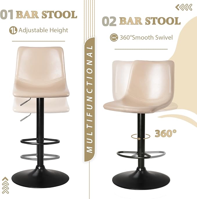 LEMBERI Bar Stools Set of 2, Modern Swivel Barstools Counter Height with Backrest, Faux Leather Upholstered Bar Chairs for Kitchen Island, Beige