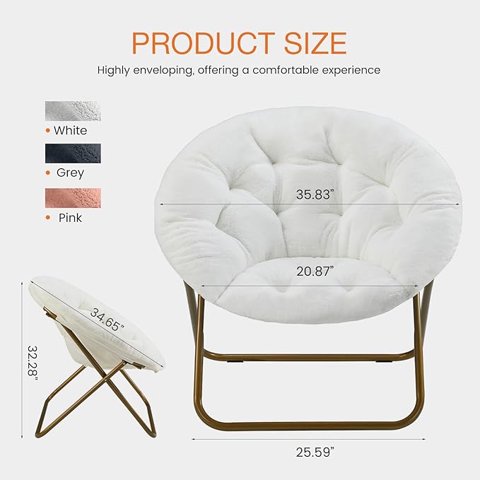NEWBULIG Comfy Saucer Chairs Soft Lounge Cute Folding Bedroom Living Room Seat Flexible Reading Foldable Seating for Adults Thick Padded Metal Frame Modern for Home Office White
