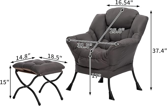 HollyHOME Fabric Lazy Chair with Foldable Ottoman, Accent Comfy Lounge Arm Chair and Folding Footrest Stool Set, Leisure Sofa Reading Chair and Footstool for Living Room, Bedroom, Dorm, Dark Grey