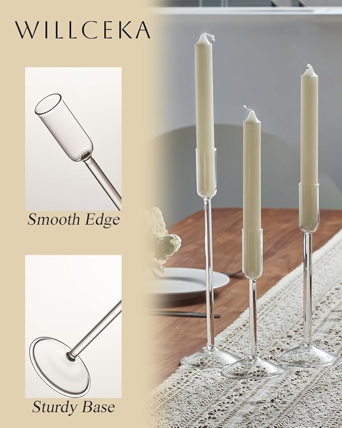 Candle Holder, Glass Taper Candle Tall Candlestick Holder, 3 Different Heights, for Table Centerpiece, Wedding, Party, Clear, 12pcs