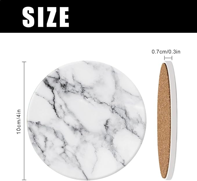 Ceramic Coasters Set of 4 with Holder Round Water Absorbent White Classic Marble Coasters Tabletop Protection,Wine Beer Bar Coasters,Home Decor，4 Inch