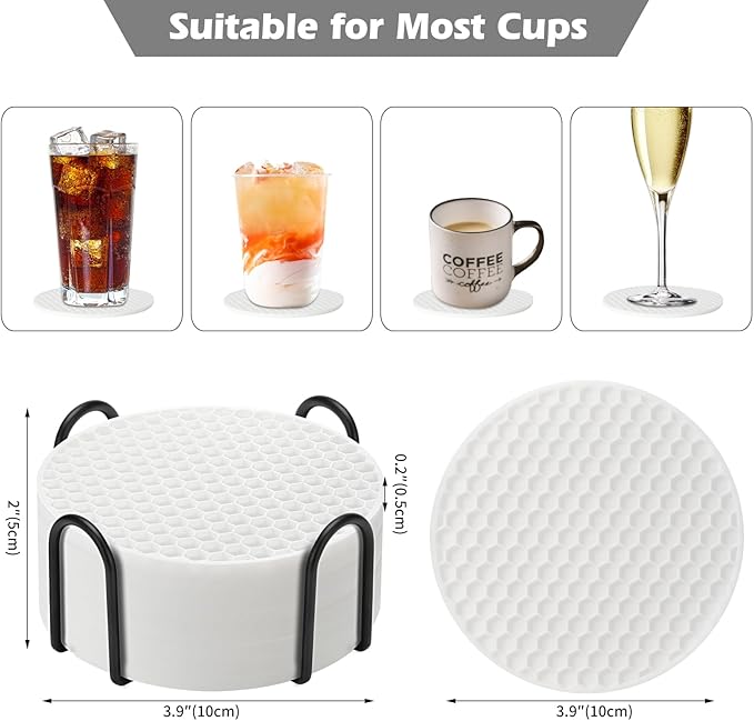 Silicone Coaster Set of 16 with Holder, Drinks Coasters, Beer & Coffee, Suitable for All Cups, Hot or Cold, Anti-Slip, Non-Stick, Anti-Overflow Tabletop Protection and Decor (White, 16 Pcs)