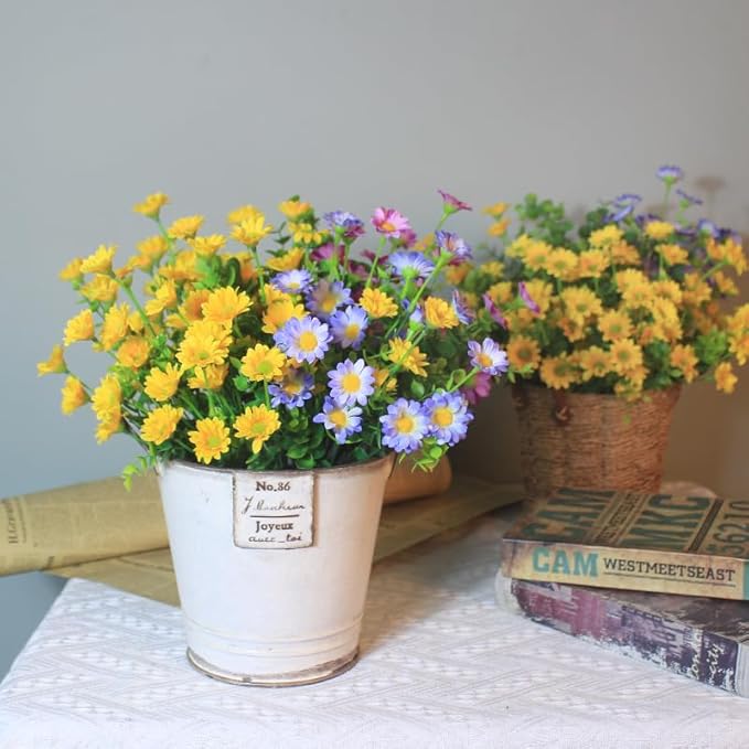 alyptus Artificial Flowers for Outdoors 16 Bundles UV Resistant Plants Yellow Faux Sile Daisy Fake Plastic Eucalyptus for Home Planters Porch Patio Yard Decor (16 Bundles NO.Y)