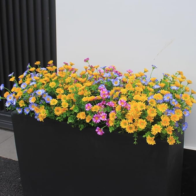 alyptus Artificial Flowers for Outdoors 16 Bundles UV Resistant Plants Yellow Faux Sile Daisy Fake Plastic Eucalyptus for Home Planters Porch Patio Yard Decor (16 Bundles NO.Y)