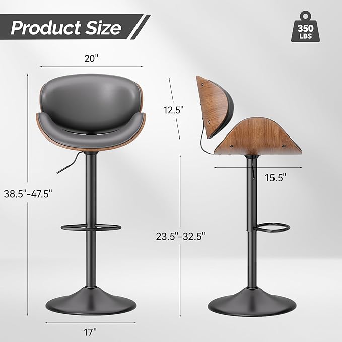 Swivel Bar Stools Set of 2, Seat Adjustable Height 23.5-32.5IN Bentwood Barstools with Back & Footrest, PU Leather Upholstered Counter Height Bar Chairs for Bar Kitchen, Grey&Brown