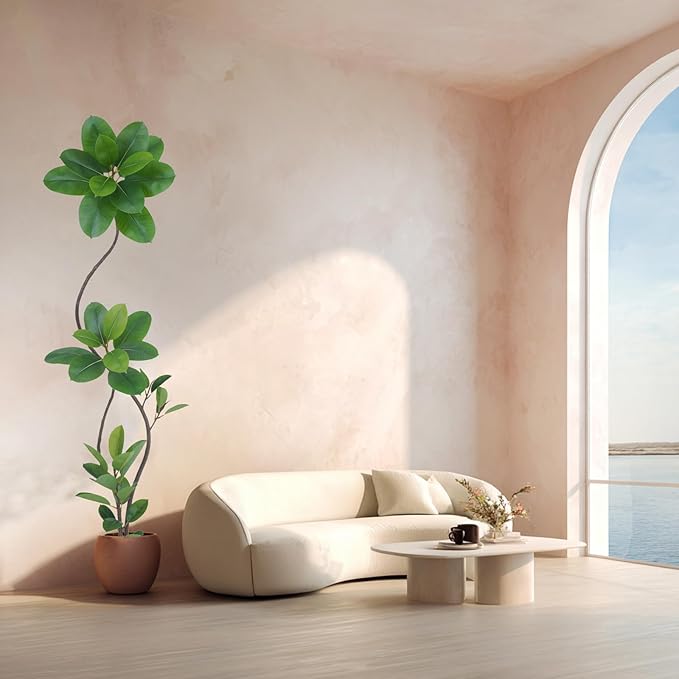 Artificial Rubber Tree Plant, 78 Inch Indoor Tree, Green with Round Planter, All Season Home Decor (Green,6.5ft)