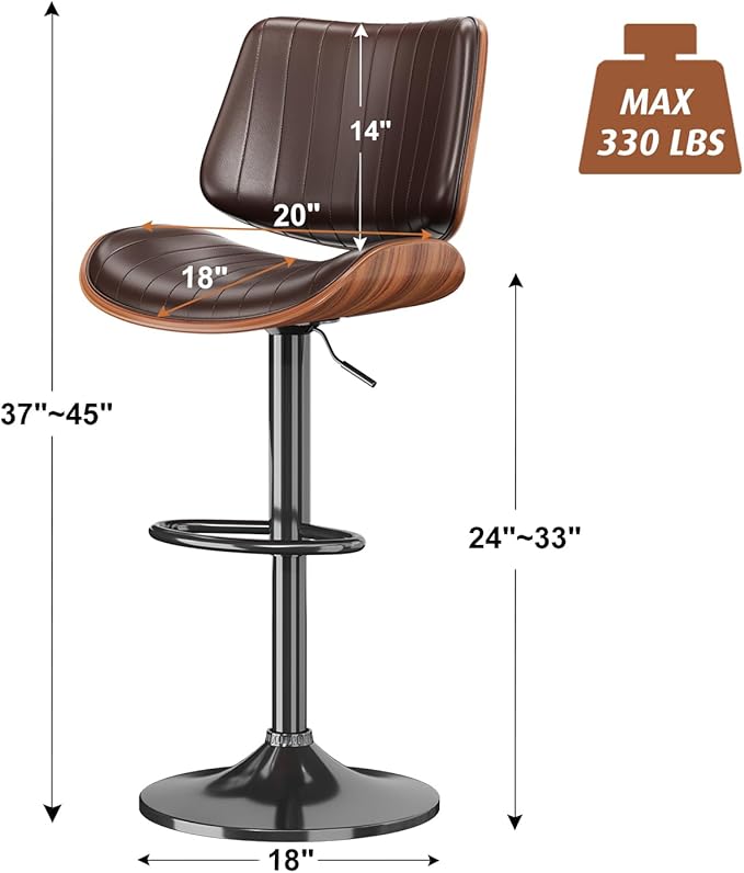 Swivel Bar Stools Set of 1, Adjustable Bentwood Barstools for Kitchen Counter, Modern PU Leather Upholstered Bar Chair with Back and Footrest, for Kitchen Island, Bar, Dining Room, Brown
