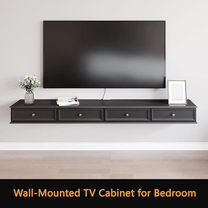 86-inch Wall-Mounted TV Stand, Accommodates 50- to 75-inch TVs, Features Hidden Cable Management, high Weight Capacity, and Space-Saving Black Floating TV Stand