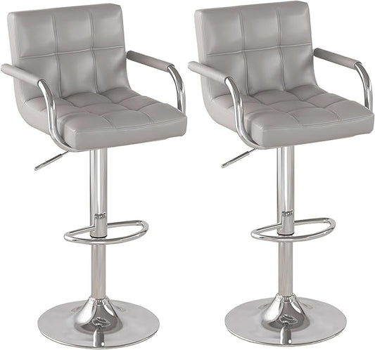 Modern PU Leather Bar Stools Set of 2, Adjustable Swivel Square Bar Chairs, Counter Height Barstools with Arms and Large Base for Island/Kitchen(Gray)