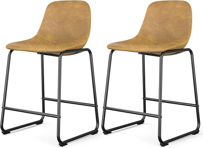 Rfiver Pu Faux Leather Bar Stools Set of 2, Industrial Pub Barstools with Back and Footrest, Modern Armless Bar Height Stool Chairs (Yellow, 24" Counter Chair x2)