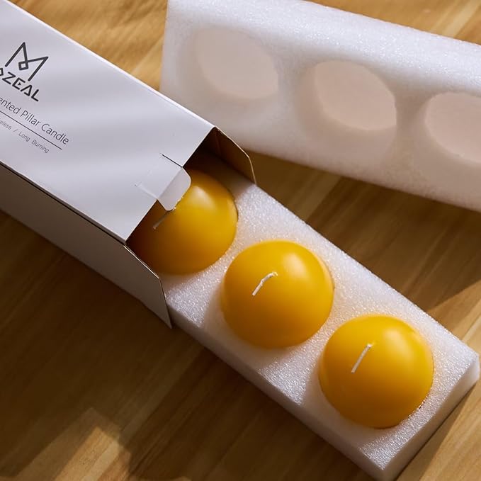 MOZEAL Hand-Poured, 3 Inch Yellow Round Ball Candles - Elegant Yellow Round Pillar Candles Set of 3, Dripless, Unscented, Smokeless, Ideal for Spring and Summer Parties.