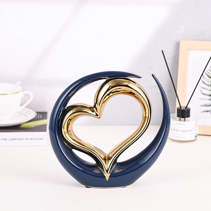 Ceramic Heart Decor Love Statue, Navy Blue Gold Double Hearts Sculptures for Home Table Centerpiece Decor, Valentine, Wedding, Decorative Items for Shelves, Coffee Table Decor (Hug Heart-Round)