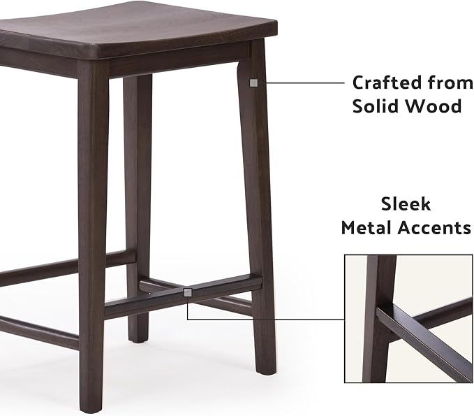 Plank+Beam Smythe Counter Stool, 24", Set of 2, Sturdy Wood Modern Kitchen Counter Height Stool, Saddle Seat Backless Counter Chair, Metal Footrest, Walnut