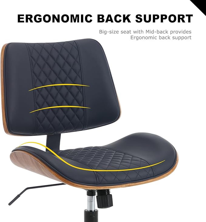 BV Small Desk Chair, Mid Century Office Chair with Bentwood Back, Armless Task Swivel Chair with Wheels, Mid Back No Arms, Faux Leather Office Chairs for Small Space, Black