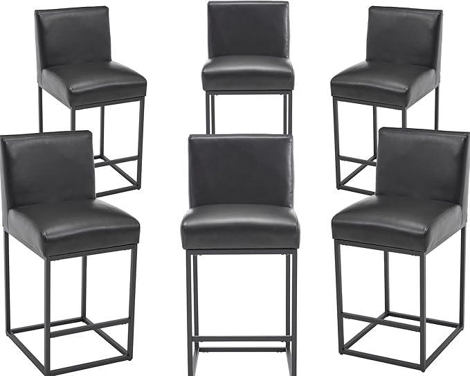 VESCASA Faux Leather 27 inches Counter Height Bar Stools with Padded Back, Modern Upholstered Counter Stool Chairs with Black Metal Frame for Kitchen Island, Set of 6, Black