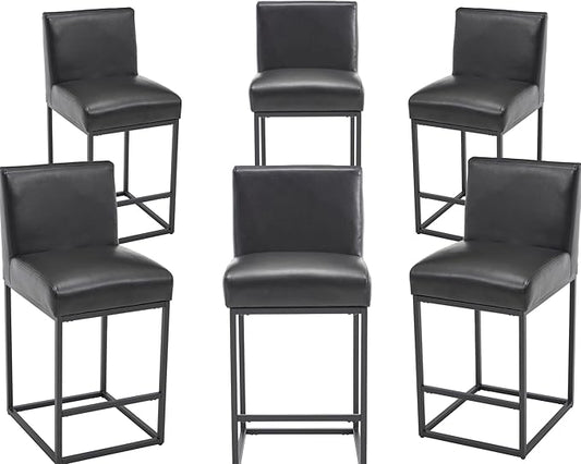 VESCASA Faux Leather 27 inches Counter Height Bar Stools with Padded Back, Modern Upholstered Counter Stool Chairs with Black Metal Frame for Kitchen Island, Set of 6, Black