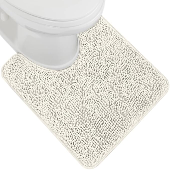 GORILLA GRIP Plush Absorbent Shaggy Chenille Bath Rug Mat for Oval Toilet Base with Rubber Backing, Machine Washable Rugs, Soft Microfiber Contour Mats for Toilets, Bathroom Decor, Ivory