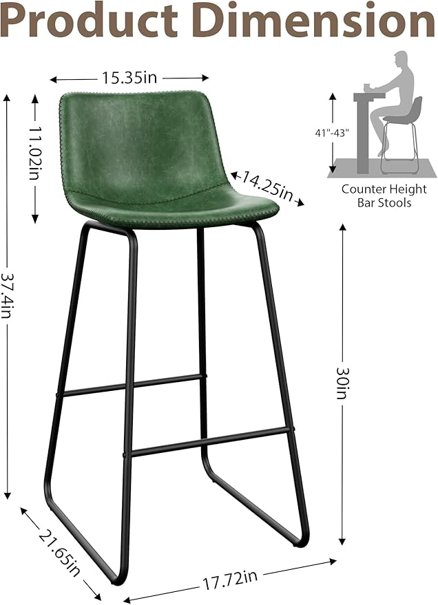 Bar Stools Set of 4, 30 Inch Counter Height Barstools with Back, Modern Faux Leather Bar Stool with Metal Legs and Footrest for Kitchens Island (Green)
