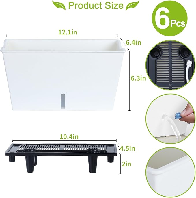 Window Box Planter 6 Pcs, 12.1 Inches Self Watering Plant Pots Rectangle Flower Pots with Drainage Holes and Breathable Trays, Vegetable Planters for Windowsill Patio Garden Balcony Porch Yard (White)