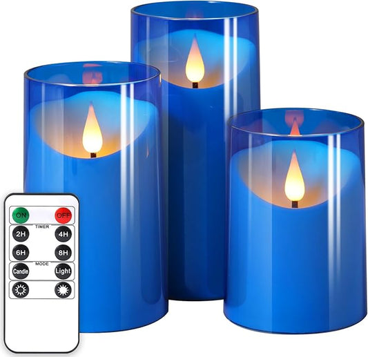 NURADA Flameless Candles: LED Pillar Acrylic Battery Candles with Remote and Timer for Wedding Party Romantic Decor - Pack of 3 Blue